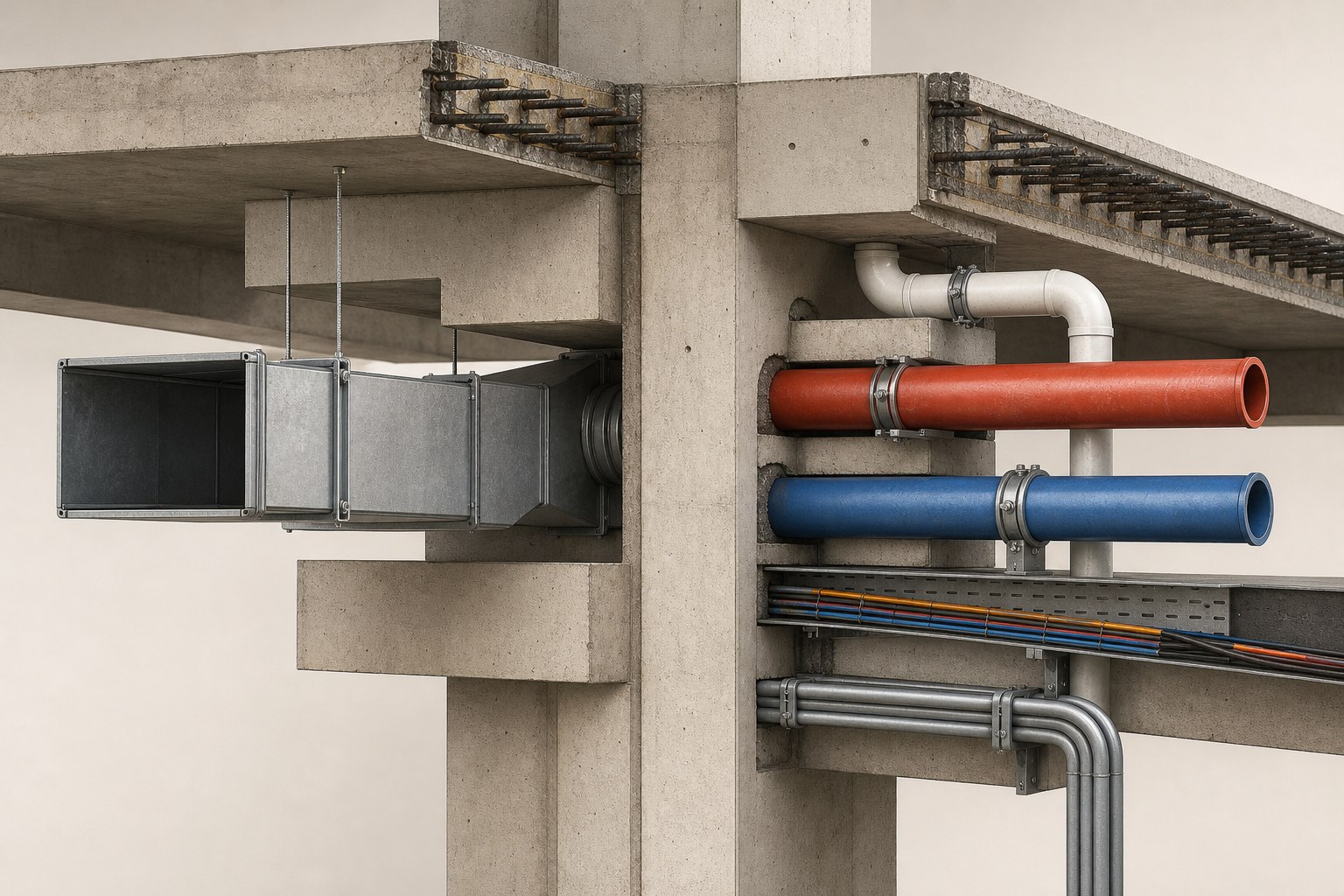 Ilustración técnica demostrativa de una unión entre estructura e instalaciones coordinadas