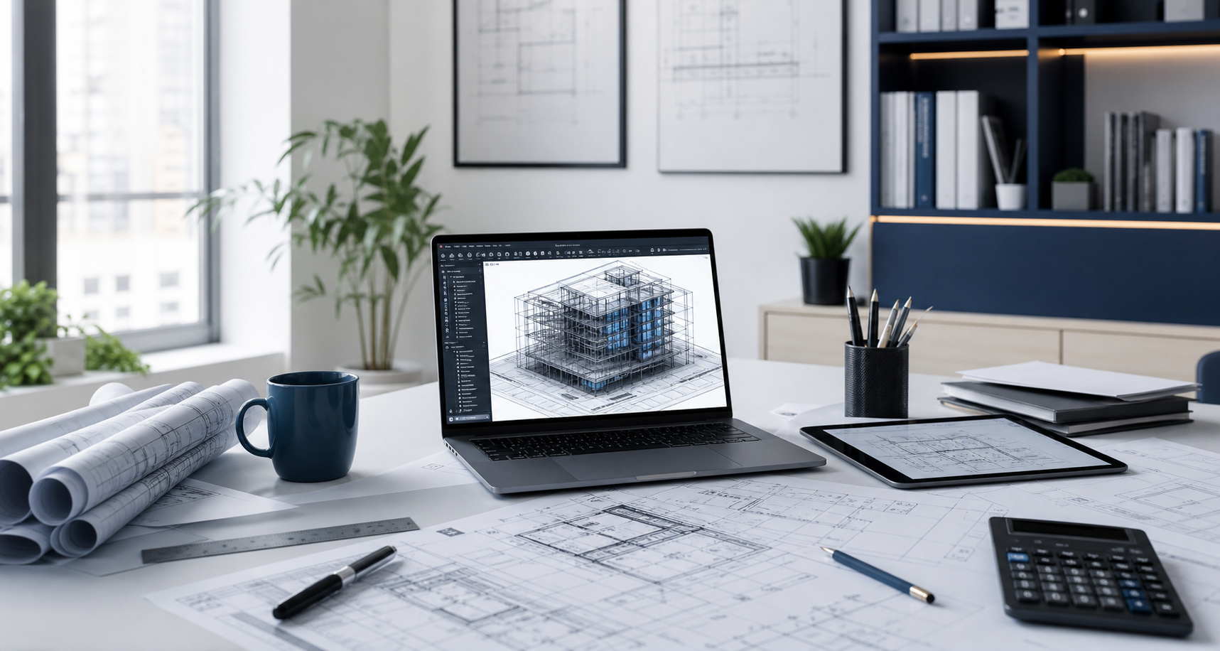 Escritorio técnico con planos y modelo BIM